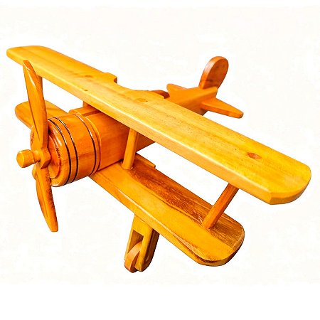 Avião Pequeno Biplano de Madeira Artesanal Decorativo Vintage Medio 28cm