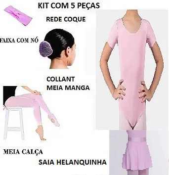 Kit Ballet Infantil Collant Meia Manga + Saia + Acessorios 02