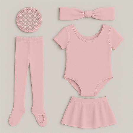 Kit Ballet Infantil Rosa – Collant Meia Manga, Saia e Acessórios