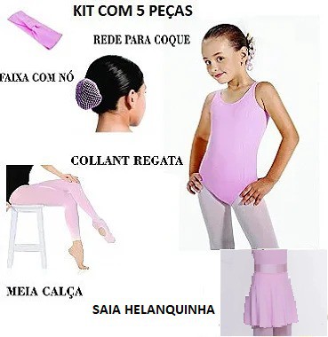 Kit Ballet Infantil Collant Regata + Saia + Acessorios 01