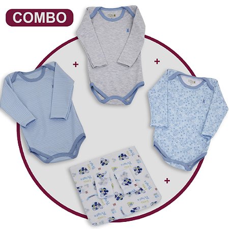 Combo Seu Bebe Fresquinho - Bodys + Fraldas de Boca - Cor Azul