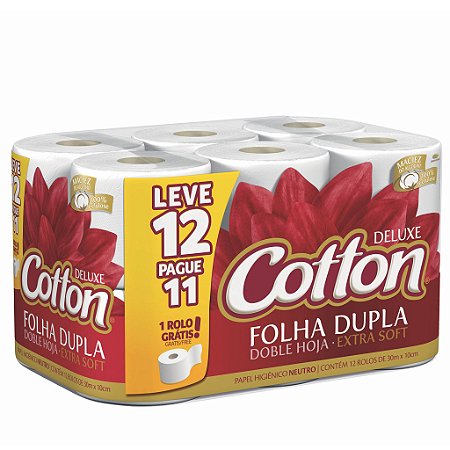 PAPEL HIGIÊNICO COTTON LEVE 12 PAGUE 11 - ROLOS FOLHA DUPLA NEUTRO - 30M