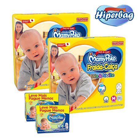 Kit 02 Hiper Bag FRALDA CALÇA  Descartável DIA&NOITE MamyPoko - M -116 Unidades + 400 lenços Umedecidos