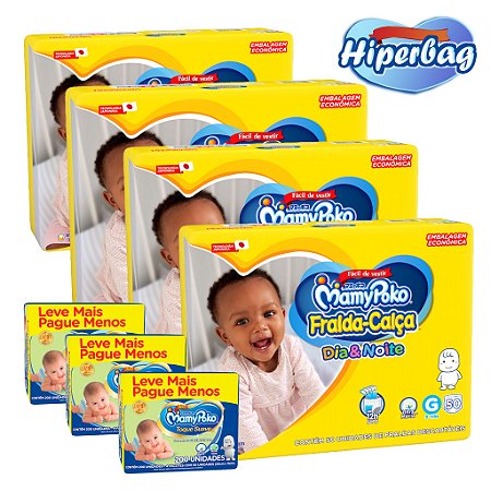 Kit 04 Hiper Bag FRALDA CALÇA  Descartável DIA&NOITE MamyPoko  G - 200 Unidades + 600 Lenços Umedecidos