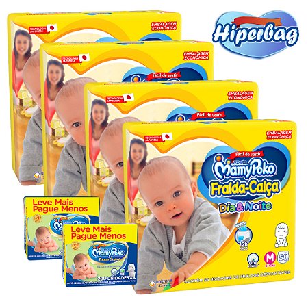 Kit 04 Hiper Bag FRALDA CALÇA  Descartável DIA&NOITE MamyPoko - M -232 Unidades + 400 lenços Umedecidos