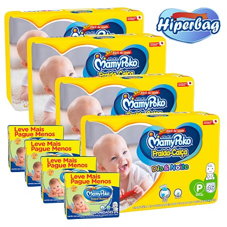 Kit 04 Hiper Bag FRALDA CALÇA  Descartável DIA&NOITE MamyPoko - P -184 Unidades + 800 lenços Umedecidos