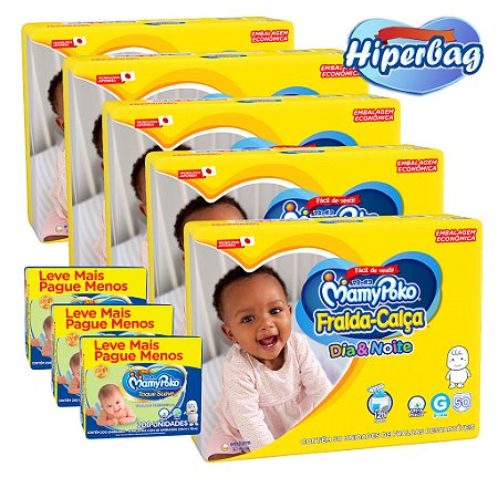 Kit 05 Hiper Bag FRALDA CALÇA  Descartável DIA&NOITE MamyPoko  G -  250 Unidades + 600 Lenços Umedicidos