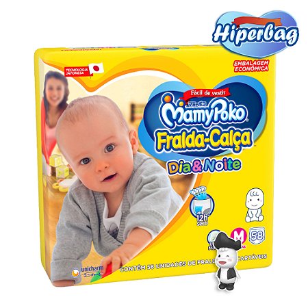 Kit Hiper Bag FRALDA CALÇA  Descartável DIA&NOITE MamyPoko - M - 58 Unidades + 01 Boneco Moko-Chan