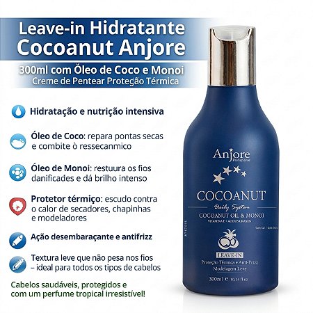 Leavein Hidratante Cocoanut Anjore 300ml com Óleo de Coco e Monoi Creme de Pentear Proteção Térmica