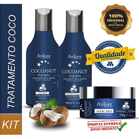 Kit Hidratação Shampoo Condicionador e Máscara Cocoanut 300ml Anjore Com Óleo De Coco E Monoi