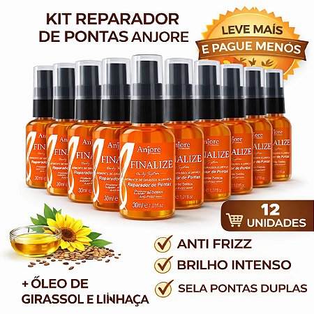 Kit Atacado 12 Reparador de Pontas Anjore 30ml Anti Frizz, Brilho Intenso e Selagem de Pontas Duplas