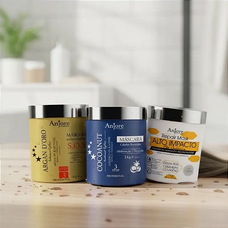 Kit Cronograma Capilar Profissional Máscara de Hidratação Reconstrução e Nutrição Anjore 1kg
