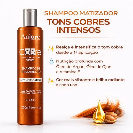 Shampoo Cobre Matizador Intensificador de Cor Cobre e Ruivo Anjore 250ml com Óleo de Argan