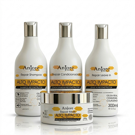 Kit Alto Impacto Pós Progressiva e Química Anjore Shampoo Condicionador Máscara Leavein Geleia Real
