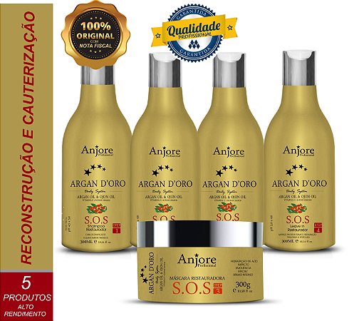 Kit Cauterização Reconstrução Total Dos Fios SOS Argan D'oro Anjore 300ml com Óleo de Argan e Ojon