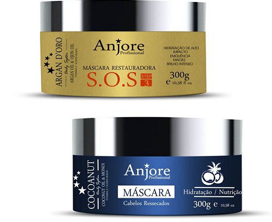 Kit 2 Máscaras Anjore 300gr Hidratação Nutritiva Cocoanut e Hidratação Restauradora Argan D'oro