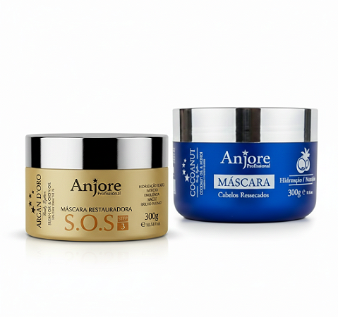 Kit 2 Máscaras Anjore 300gr Hidratação Nutritiva Cocoanut e Hidratação Restauradora Argan D'oro