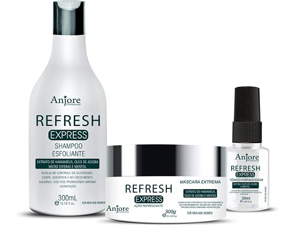 Kit Refresh Esfoliante Capilar Crescimento Queda Caspa Shampoo 300ml Máscara 300gr Tônico 30ml Anjore