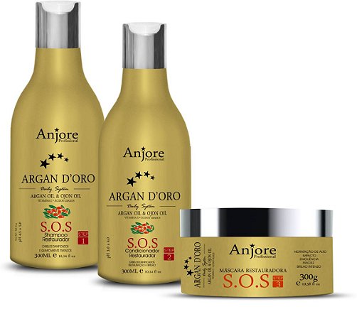 Kit Hidratação Restauradora Óleo De Argan E Ojon Shampoo Condicionador Máscara Argan 300gr Anjore
