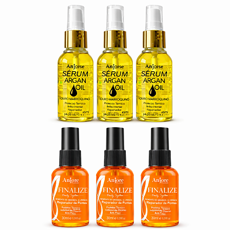 Kit Atacado Revenda 3 Óleo De Argan Serum Oil 45ml e 3 Óleo Reparador de Pontas Finalize 30ml Anjore