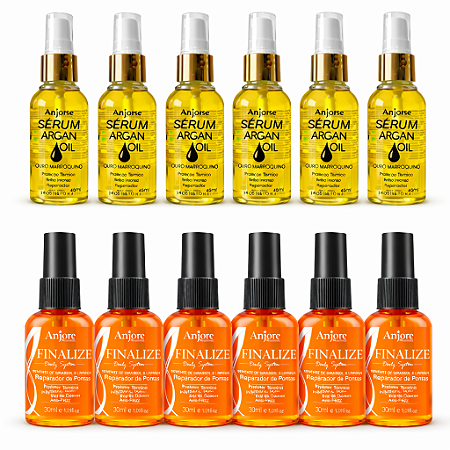 Kit Atacado Revenda 6 Óleo De Argan Serum Oil 45ml e 6 Óleo Reparador de Pontas Finalize 30ml Anjore