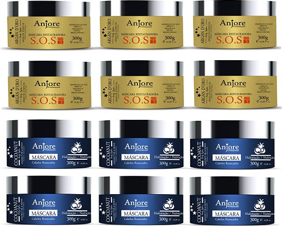 Kit Atacado 6 Máscara Coco Nutrição Óleo Coco e 6 Máscara Argan Restauração Óleo Argan 300g Anjore