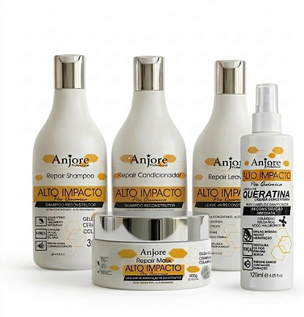 Kit Alto Impacto Cabelos Ressecados e Danificados Anjore com Queratina Líquida Ácido Hialurônico