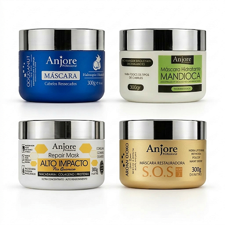 Kit 4 Máscara Hidratação Reconstrução Nutrição Restauração Mandioca Impacto Coco Argan 300gr Anjore