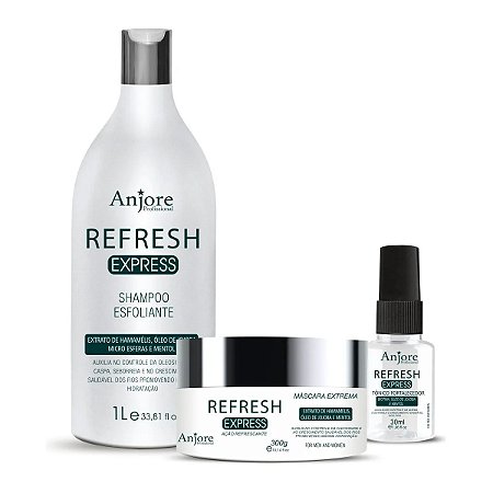 Kit Refresh Esfoliante Capilar Crescimento Queda Caspa Shampoo 1lt Máscara 300gr Tônico 30ml Anjore