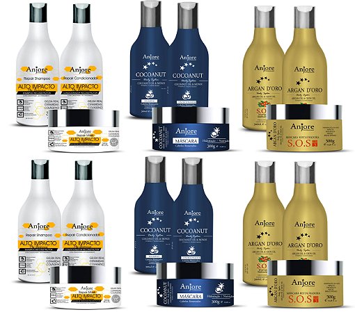 Kit Atacado 6 Kit Manutenção Argan Impacto Coco Anjore 300ml Shampoo Condicionador Máscara