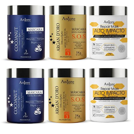 Kit Atacado 6 Máscara 1kg Teia Argan Coco Cronograma Capilar Anjore