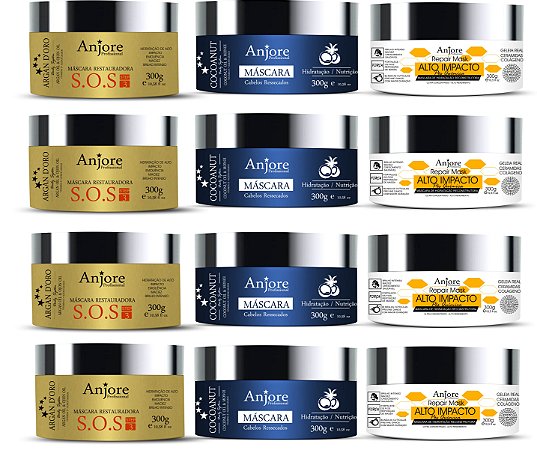 Kit Atacado Cronograma Capilar 12 Máscara 300gr Anjore 4 Impacto Teia 4 Coco 4 Argan