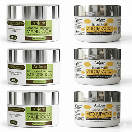 Kit Atacado 3 Máscara Hidratação Mandioca e 3 Máscara Alto Impacto Teia e Colágeno 300gr Anjore