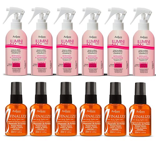 Kit Atacado Revenda 6 Leavein Ilumini Biotina e 6 Reparador de Pontas Óleo Girassol e Linhaça Anjore