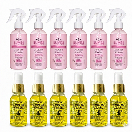 Kit Atacado 6 Leavein Vitaminico Ilumini Hair e 6 Óleo de Argan Serum 45ml Anjore