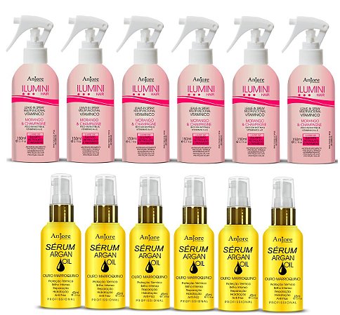 Kit Atacado 6 Leavein Vitaminico Ilumini Hair e 6 Óleo de Argan Serum 45ml Anjore