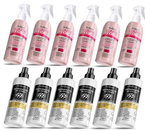 Kit Atacado 6 Fluido Reparação de Danos e 6 Leavein Vitaminico Ilumini Hair Anjore