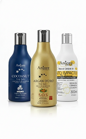 Kit 3 Leavein Argan Coco Impacto 300ml Anjore Creme de Pentar Defrizante Protetor Térmico