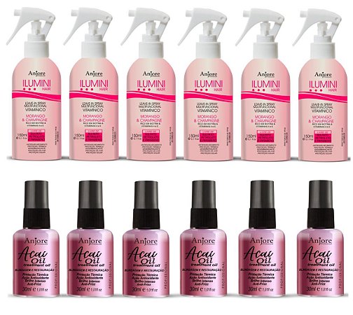 Kit Atacado Revenda Anjore 6 Leavein Iumini 150m 6 Óleo de Açaí 30ml Proteção Térmica e Frizz Brilho