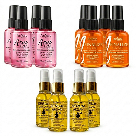 Combo Finalizadores Atacado Revenda Anjore 4 Óleo de Argan 45ml 4 Óleo de Açaí 30ml 4 Reparador 30ml