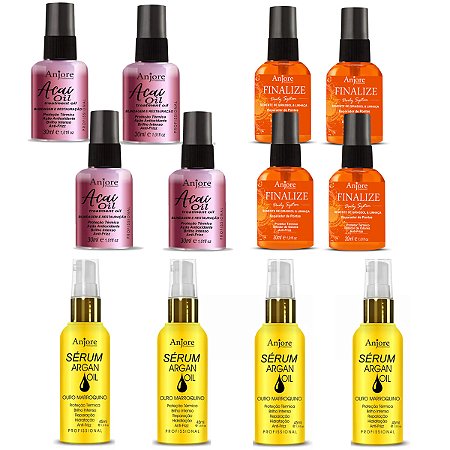 Combo Finalizadores Atacado Revenda Anjore 4 Óleo de Argan 45ml 4 Óleo de Açaí 30ml 4 Reparador 30ml