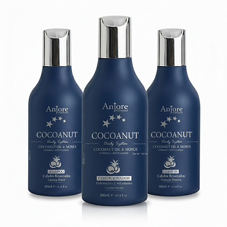 Kit Shampoo Condicionador e Leavein Cocoanut 300m Anjore Hidratação Brilho Nutrição com Óleo de Coco