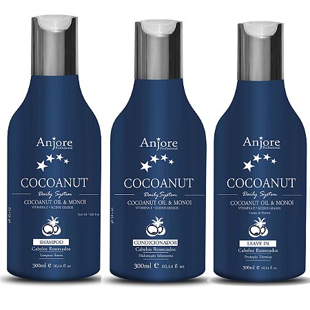 Kit Shampoo Condicionador e Leavein Cocoanut 300m Anjore Hidratação Brilho Nutrição com Óleo de Coco