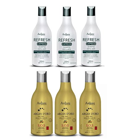 Kit Shampoo Atacado Salão Revenda 3 Refresh Esfoliante e 3 Argan D"oro com Óleo de Argan 300m Anjore