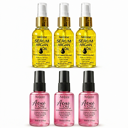 Kit Atacado 3 Óleo de Açaí 30ml 3 Óleo de Argan 45ml Anjore