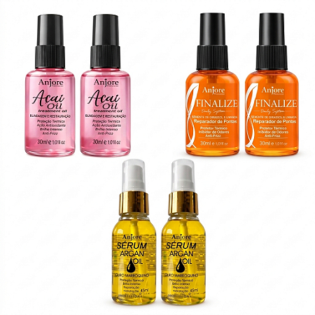 Combo Finalizadores Atacado Revenda Anjore 2 Óleo de Argan 45ml 2 Óleo de Açaí 30ml 2 Reparador 30ml