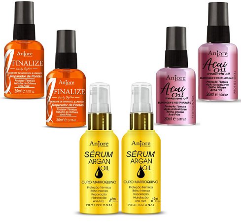 Combo Finalizadores Atacado Revenda Anjore 2 Óleo de Argan 45ml 2 Óleo de Açaí 30ml 2 Reparador 30ml