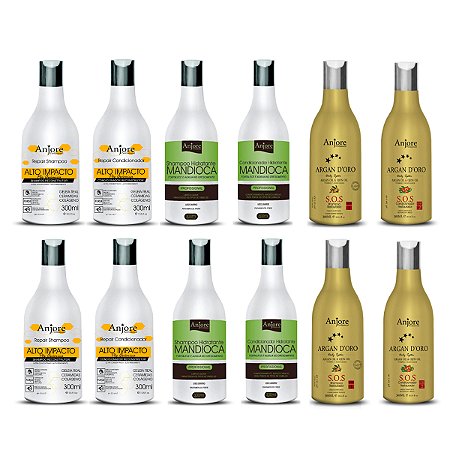 6 Kit Manutenção Atacado Diversos Shampoo e Condicionador 300ml Anjore 2 Argan 2 Impacto 2 Mandioca