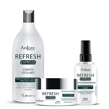 Kit Refresh Esfoliante Capilar Crescimento Queda Caspa Shampoo 1lt Máscara 300gr Tônico 150ml Anjore