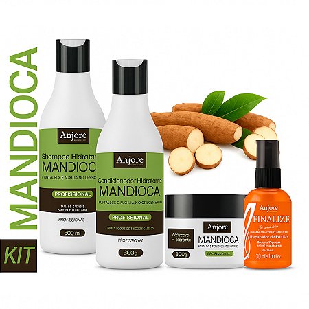 Kit Capilar 4em1 Shampoo Condicionador Máscara Hidratação Mandioca Óleo Reparador Uso Diário Anjore